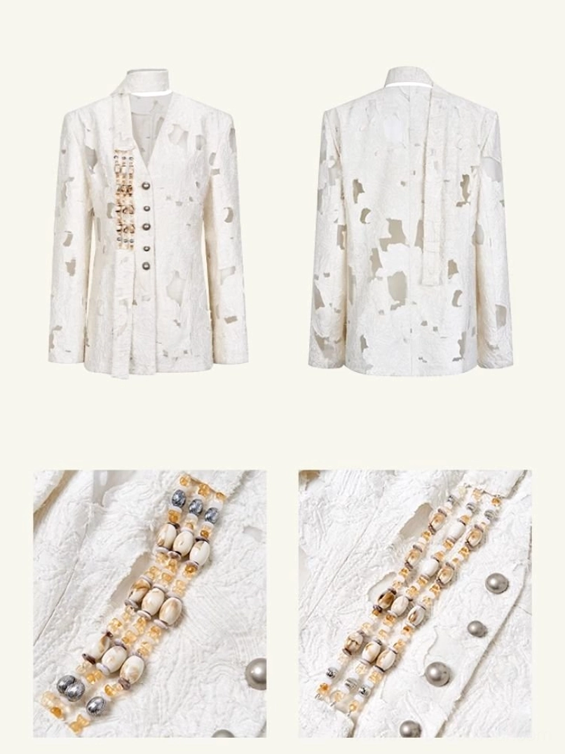 Women’s distressed off-white cutout blazer neutral tone streetwear outfit product view