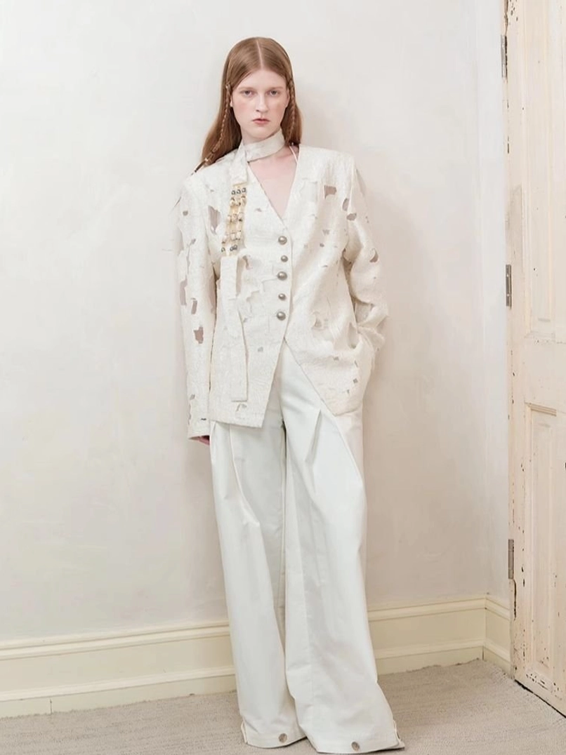 Women’s off-white distressed cutout blazer relaxed silhouette product fashion view