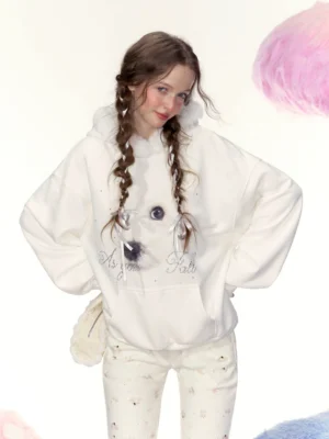 Off-white oversized dog print hoodie with fuzzy collar, kangaroo pocket, drop shoulders, and playful Korean streetwear outfit styling