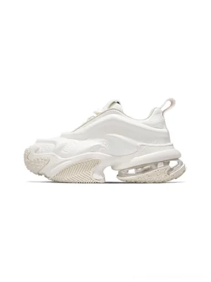 Off-white embossed platform chunky sneaker side profile with textured upper transparent air cushioned sole and streetwear silhouette