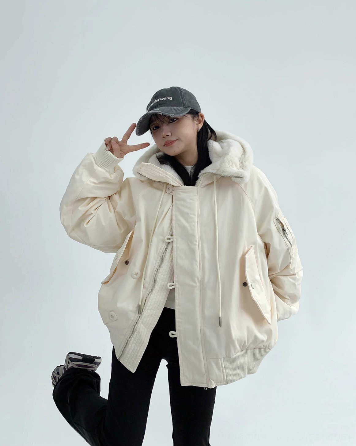 Oversized off-white faux-shearling bomber jacket designed for Korean streetwear and cold-weather layered outfits