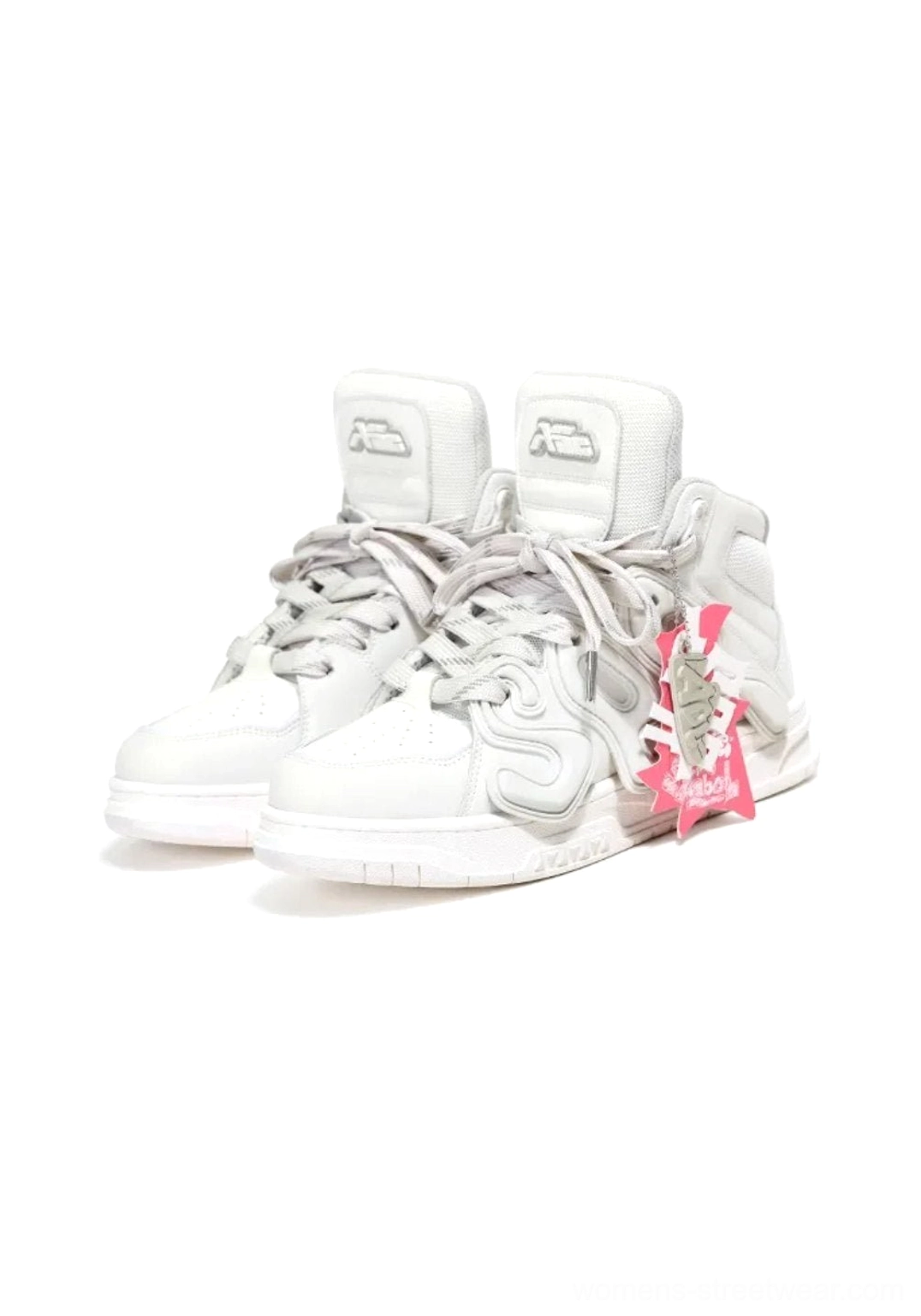 All off-white high-top skate sneakers with matching letter appliques and thick platform sole displayed on a white studio background