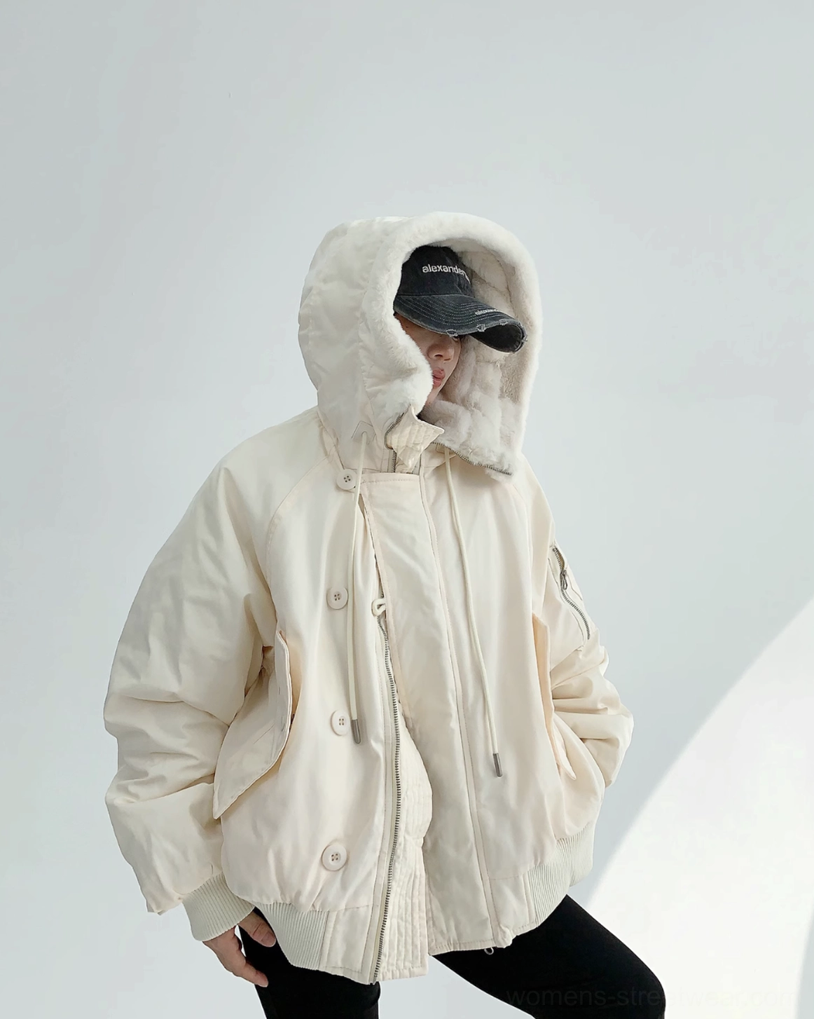 Off-white hooded aviator bomber jacket with oversized sleeves, cozy faux-shearling lining, and utility-inspired styling