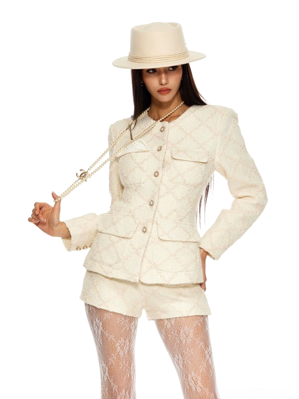 Off-white quilted tweed blazer and mini shorts set with round neckline four flap pockets and pearl chain styling