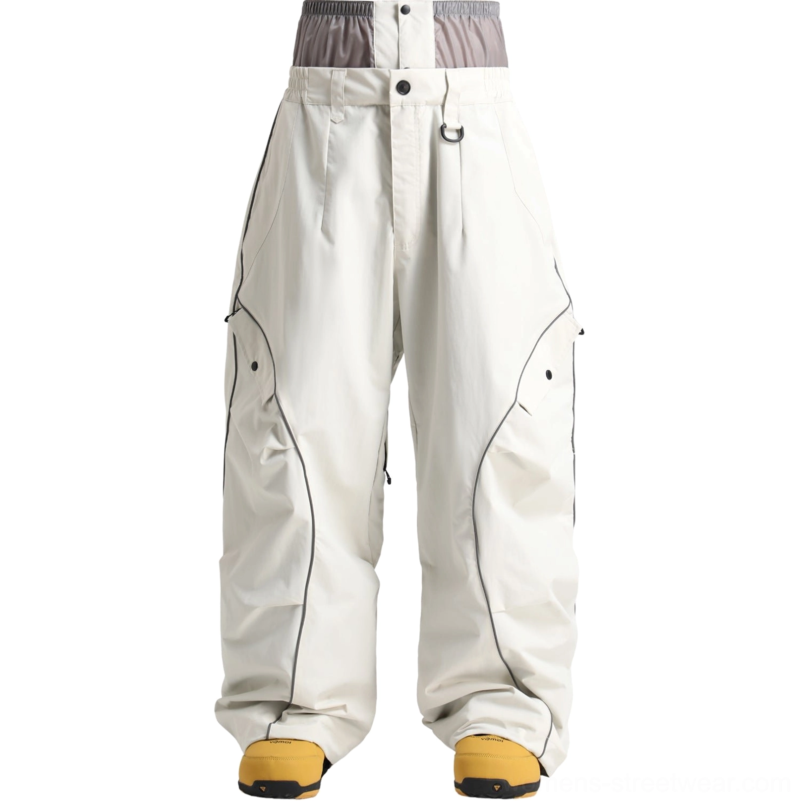 Off white reflective piped baggy snowboard cargo pants flat product view with oversized streetwear silhouette