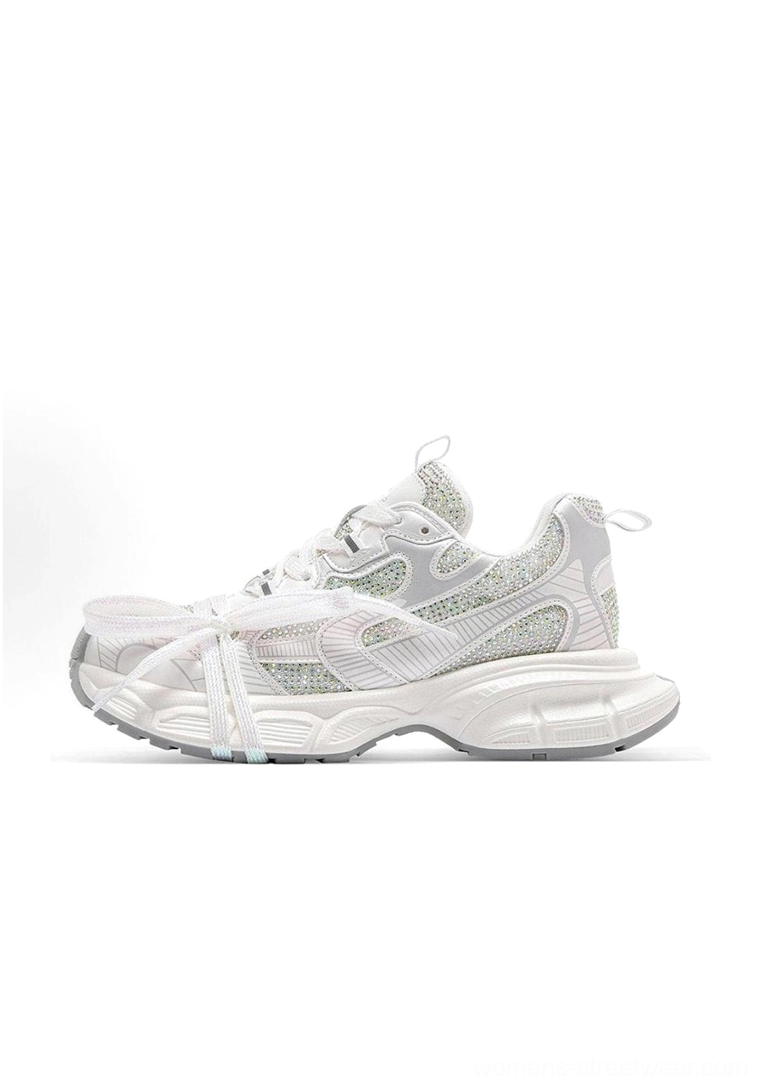 Off-white rhinestone chunky dad sneakers with neutral chunky sole, dual lace straps, and sparkling streetwear design