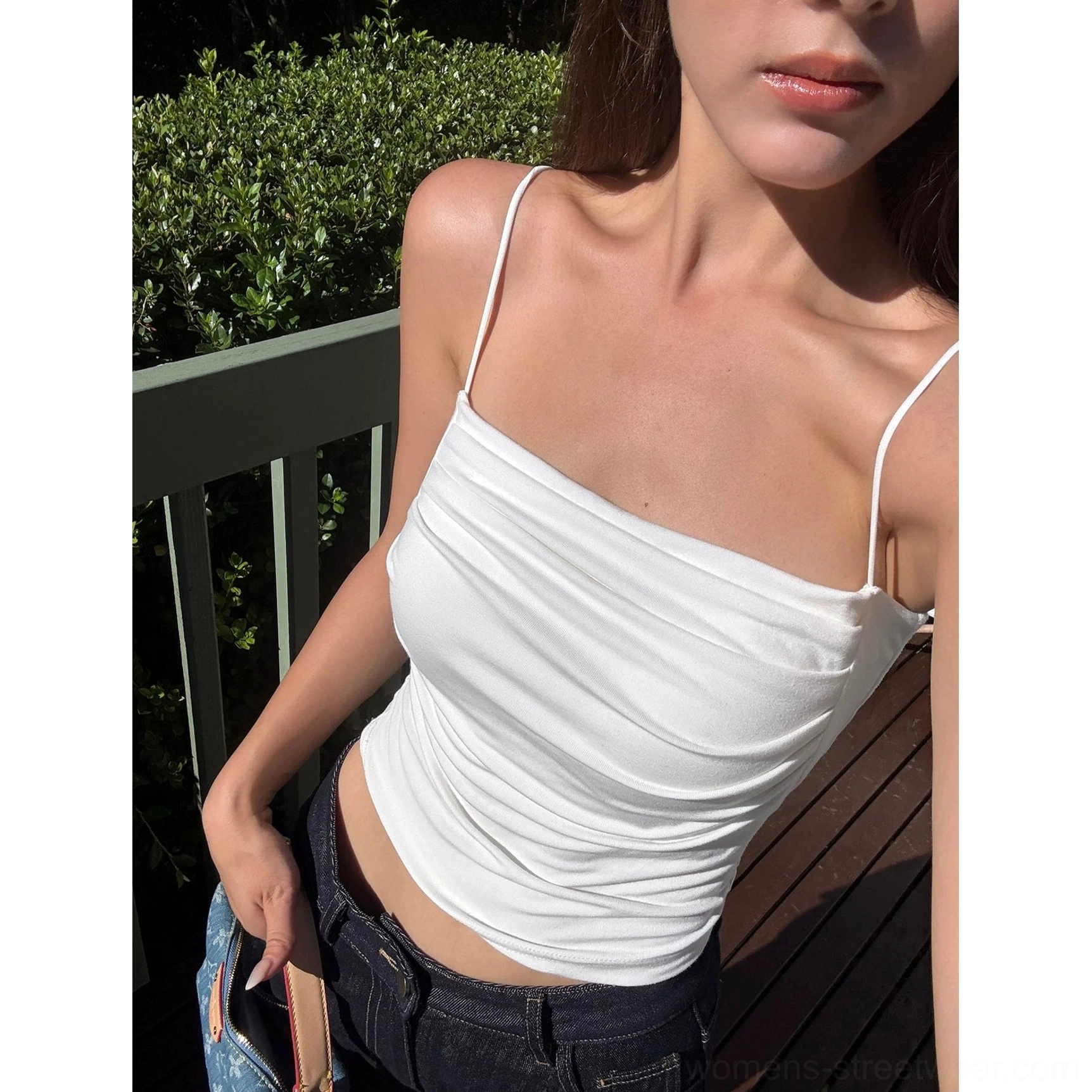 Off white ruched cami crop top with delicate straps and cropped length for layered Korean style outfits