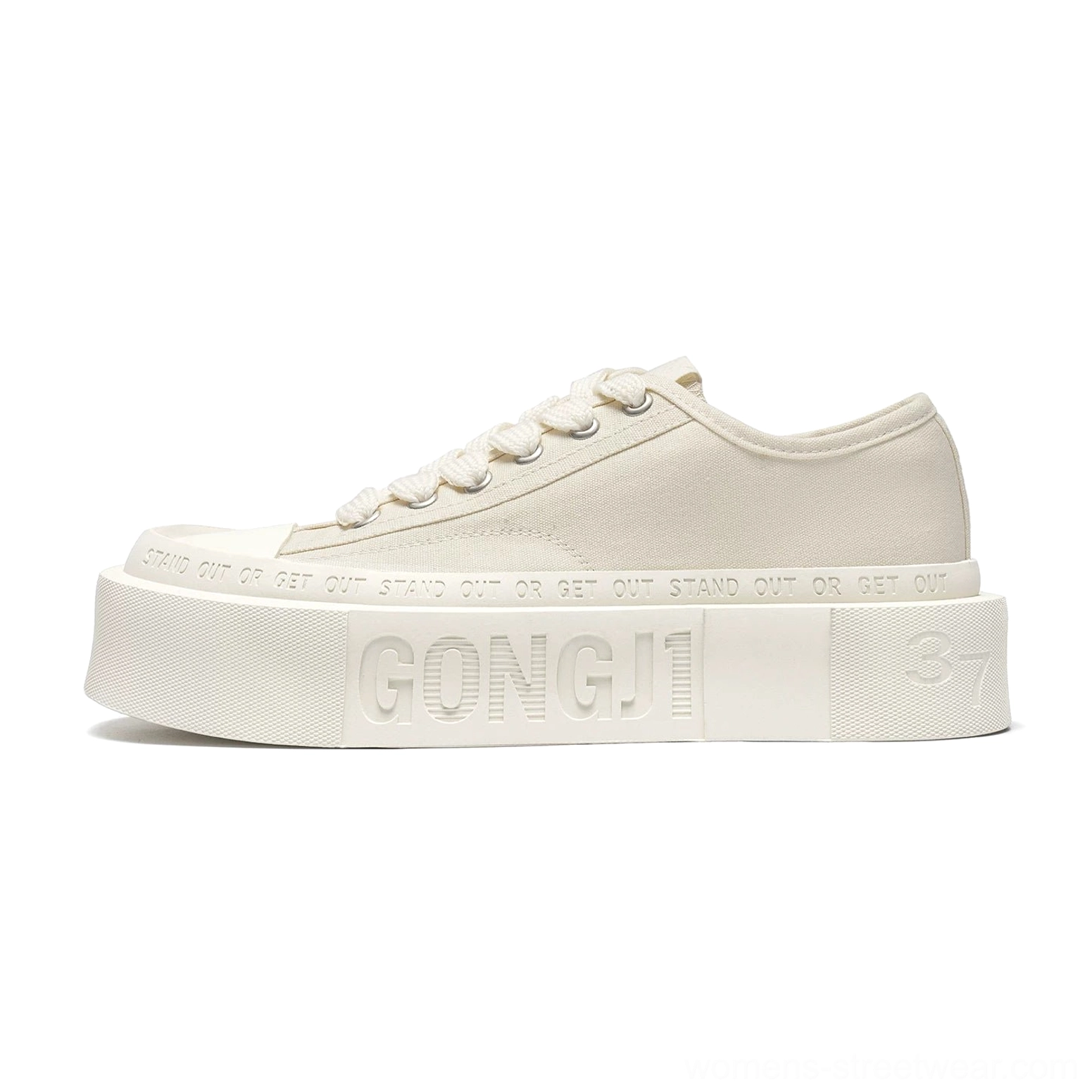 Side view of off-white square toe platform canvas sneakers with low-top laces and thick sculpted rubber sole
