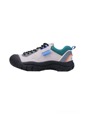 Off-white suede-texture trail platform sneaker with teal heel trim black laces blue tongue tag and rugged black outdoor-inspired outsole