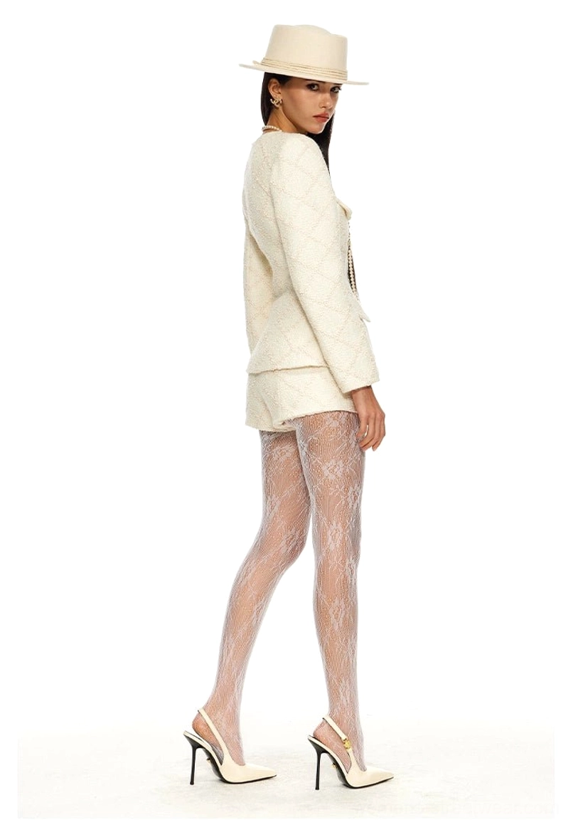 Off-white tweed two-piece suit with tailored blazer and matching mini shorts for Seoul-inspired women's streetwear