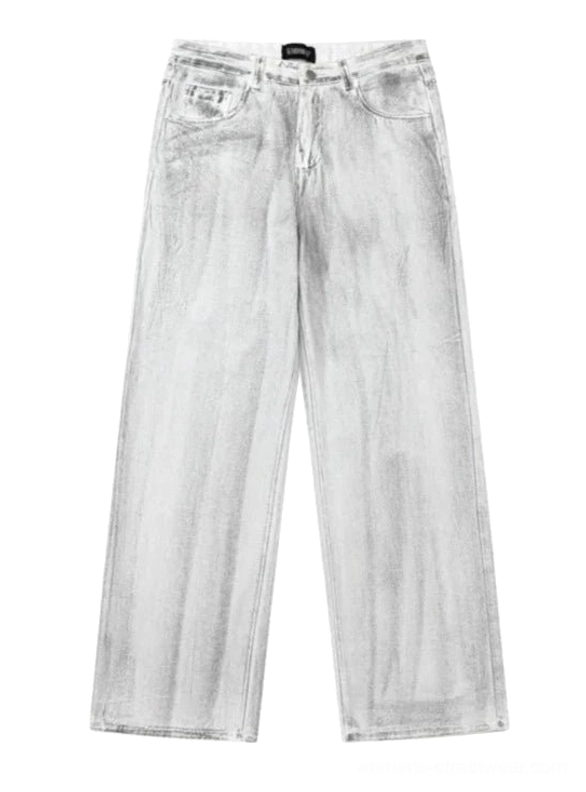 Flat lay view of off-white wide leg baggy jeans with gray smudge wash, full five-pocket construction, and long denim legs