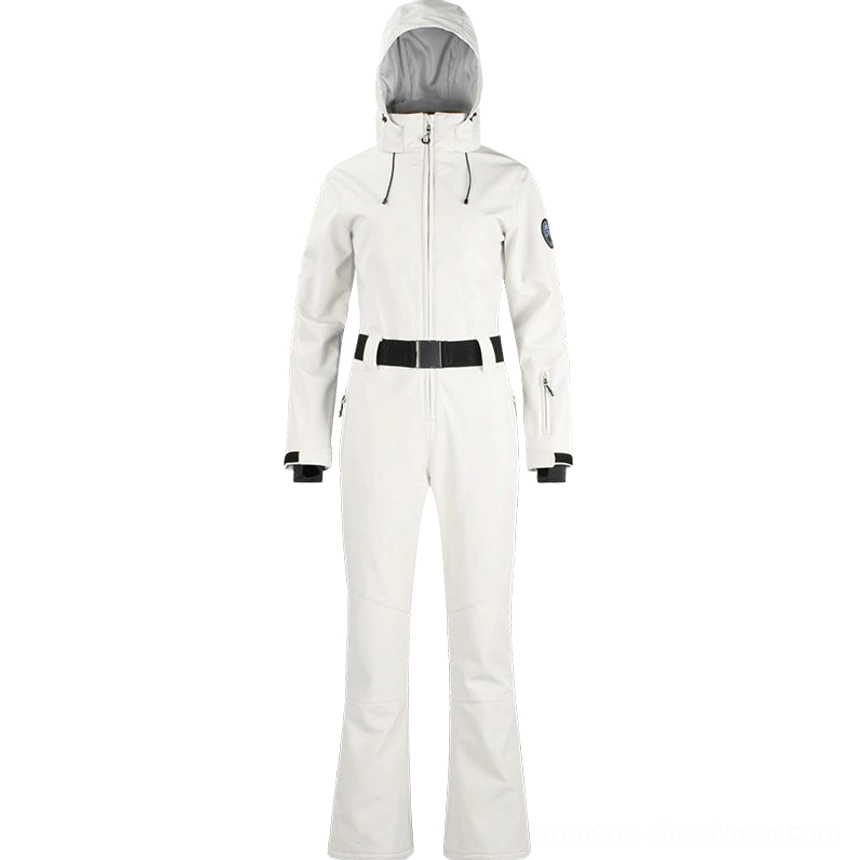 Off-white women's hooded one-piece ski jumpsuit with front zipper black belt and flared pants