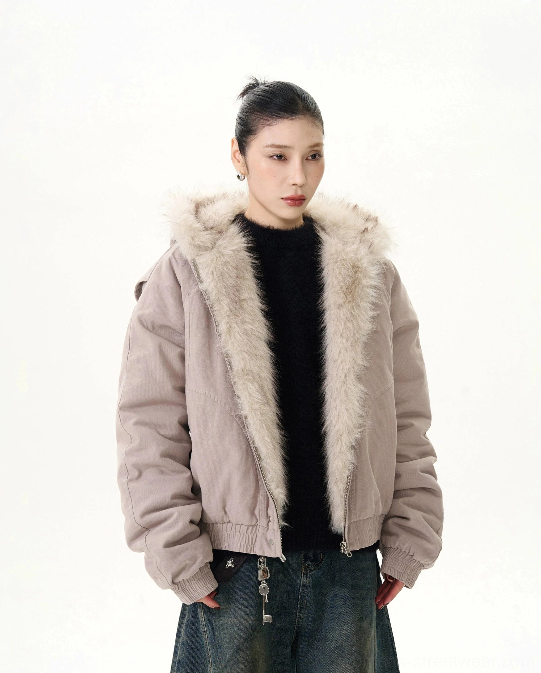 Old Rose cropped hooded bomber jacket front view featuring plush faux fur collar trim and smooth zipper closure