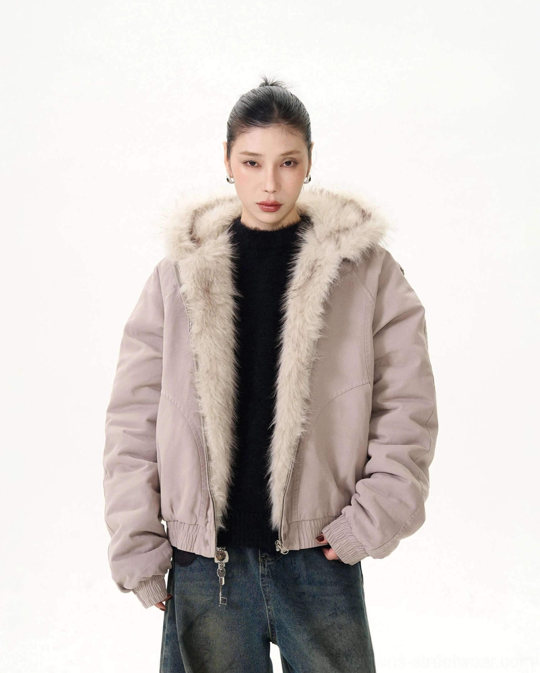 Old Rose faux fur trim hooded cropped bomber jacket front view with oversized plush collar and baggy jeans