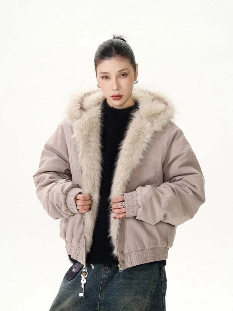 Old Rose faux fur trimmed bomber jacket front three-quarter view with zipper placket and metal zipper pull details