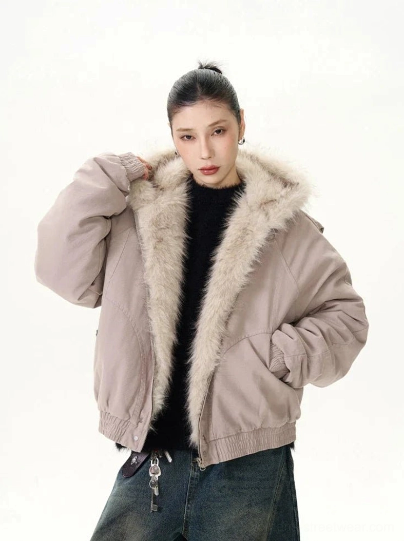 Old Rose fur trimmed hooded bomber jacket streetwear outfit with ribbed cuffs and distressed baggy jeans