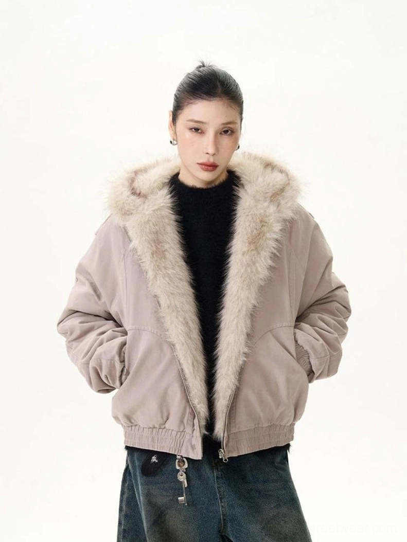 Old Rose hooded faux fur bomber jacket back three-quarter view showing ribbed hem cuffs and oversized silhouette