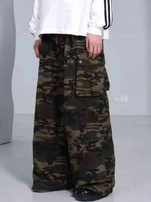 Close view of relaxed olive camouflage streetwear cargo pants showing the buttoned cargo pocket and elasticated waistband
