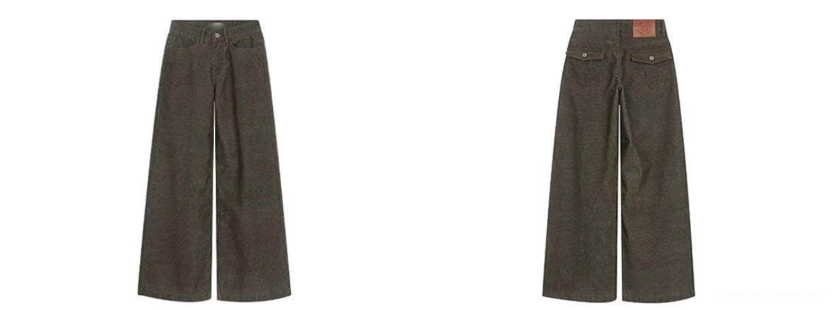 Front and back flat lay of olive corduroy wide leg streetwear pants showing five-pocket construction and ribbed fabric