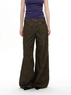 Olive khaki corduroy wide leg pants full front product view with vintage five-pocket jeans inspired construction