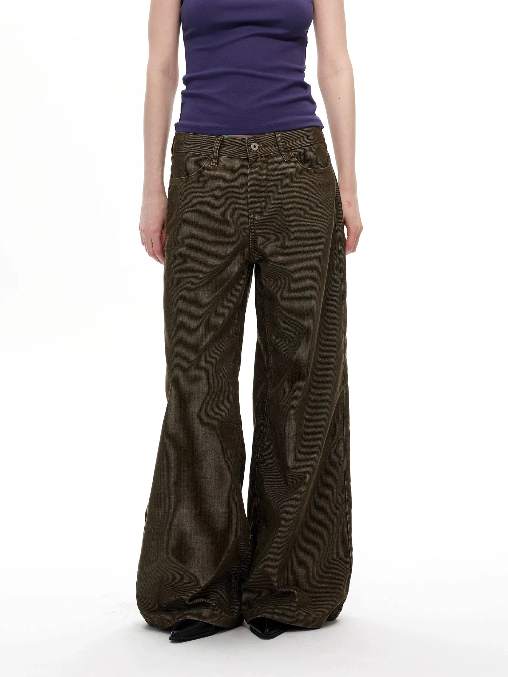 Olive khaki corduroy wide leg pants full front product view with vintage five-pocket jeans inspired construction