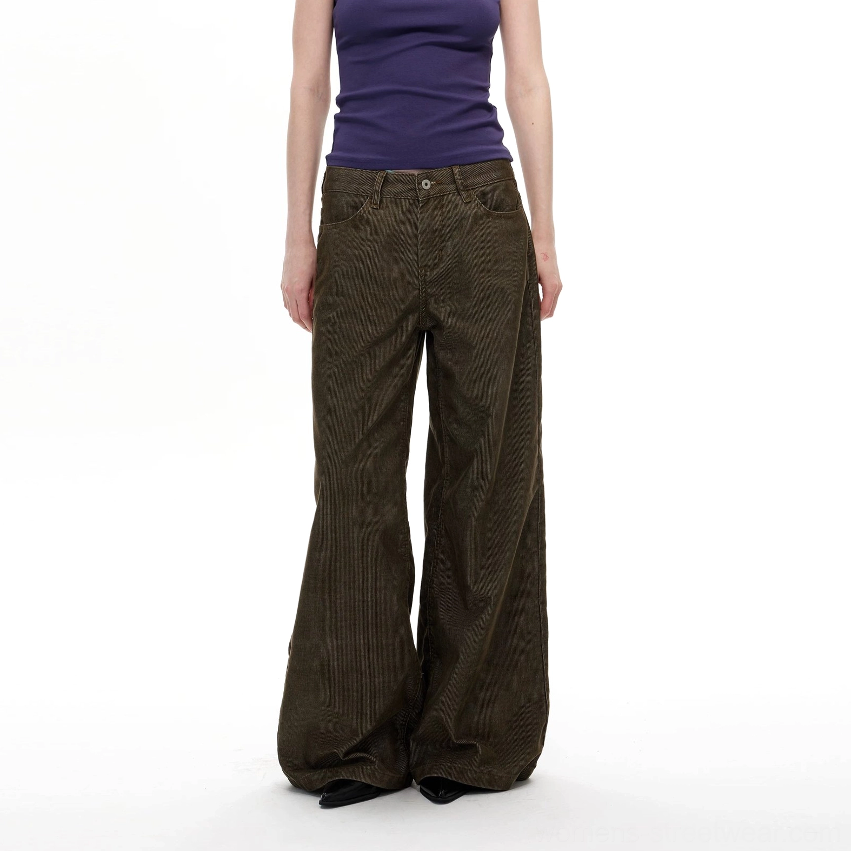 Olive khaki corduroy wide leg streetwear pants product view showing relaxed vintage inspired full length fit