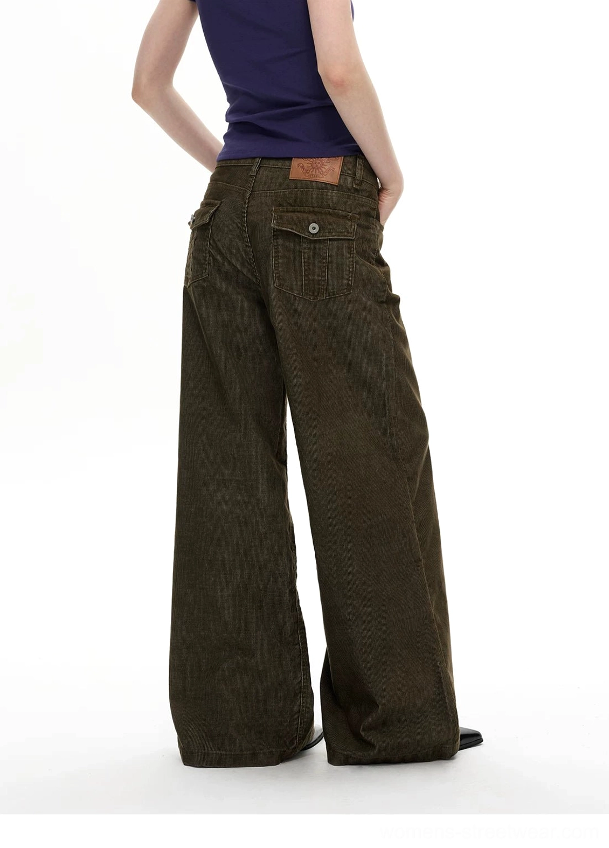 Olive corduroy wide leg streetwear pants showcasing vintage five-pocket fit and relaxed straight leg silhouette