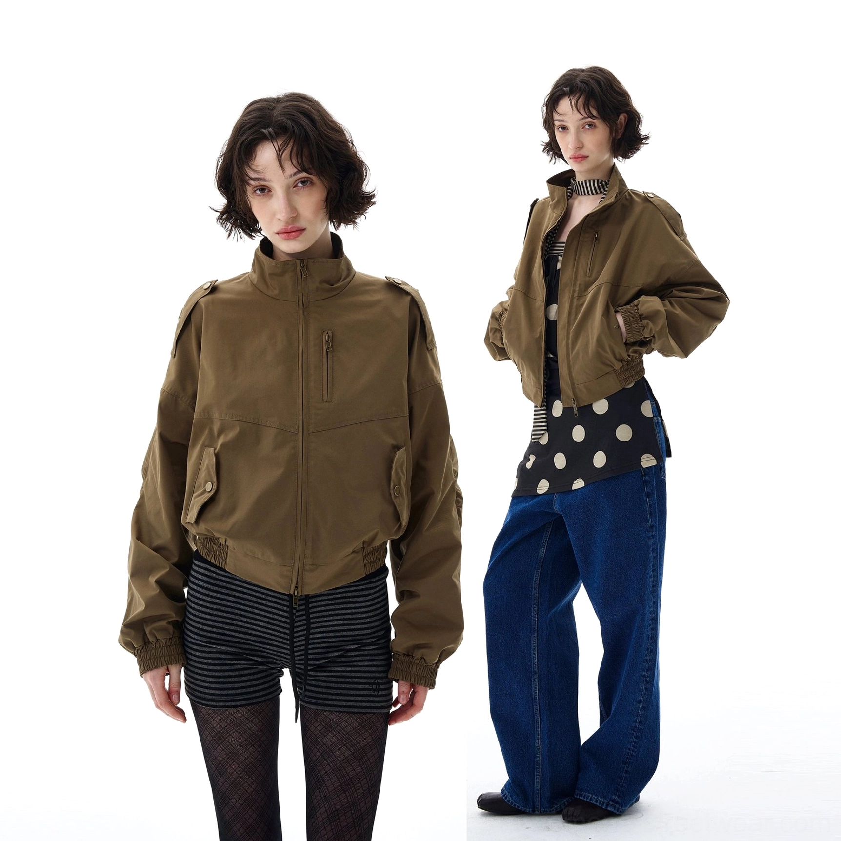 Olive green cropped utility high collar bomber jacket in a relaxed fit for Korean, Seoul, and contemporary streetwear outfits