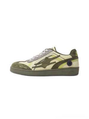 Olive cyan green low-profile retro sneaker with layered flame-inspired suede panels and star-shaped side detail shown in left side view