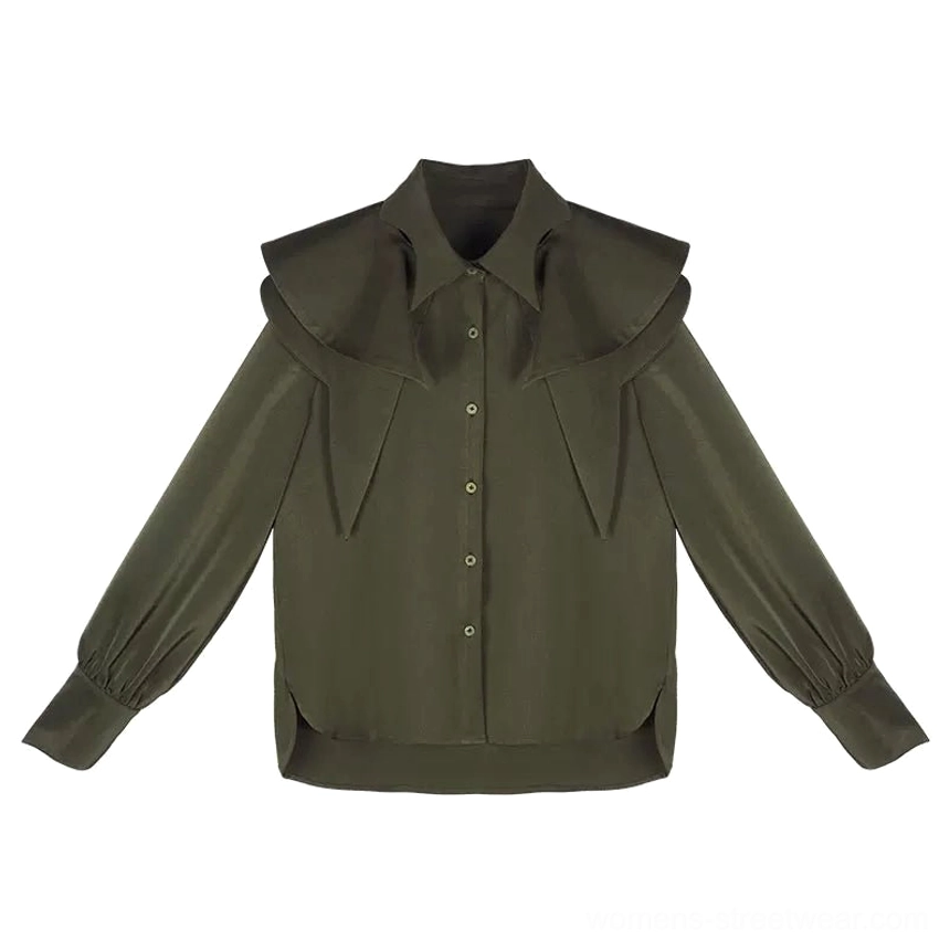 Olive green detachable cape collar blouse shown flat lay with side split hem, gathered button cuffs, smooth woven polyester fabric, and front placket