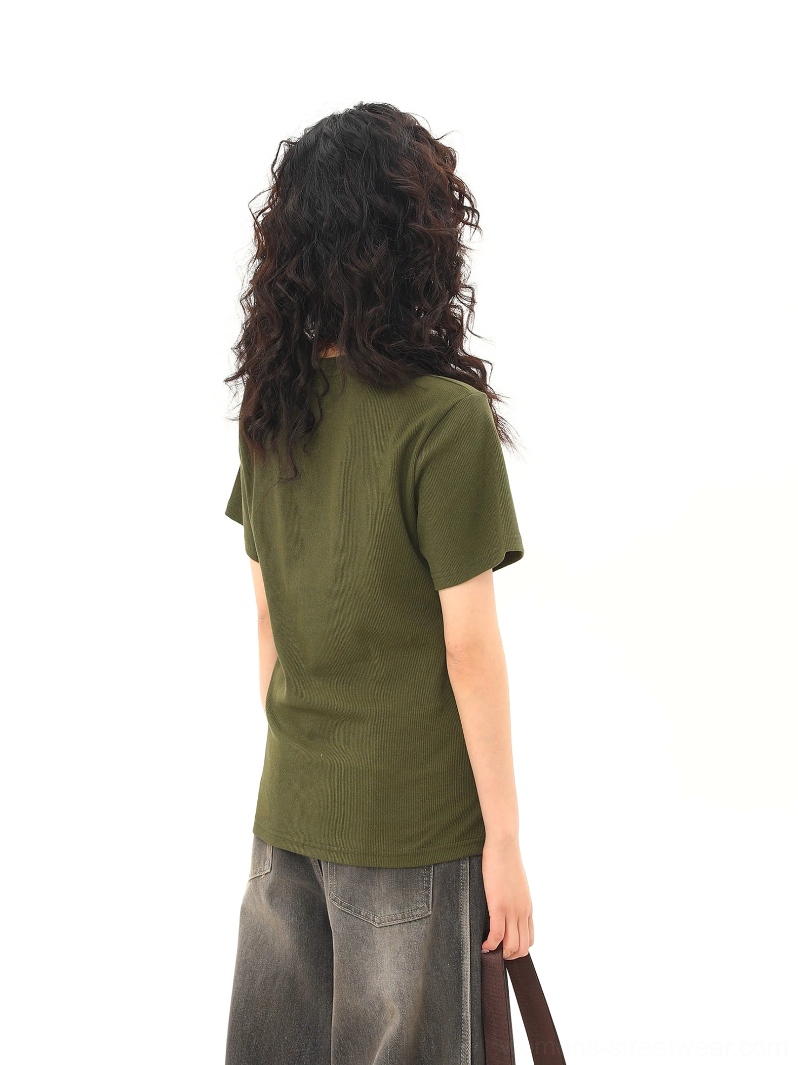Back view of an olive green fitted crew neck T-shirt showing the clean solid-color back and short sleeve streetwear silhouette