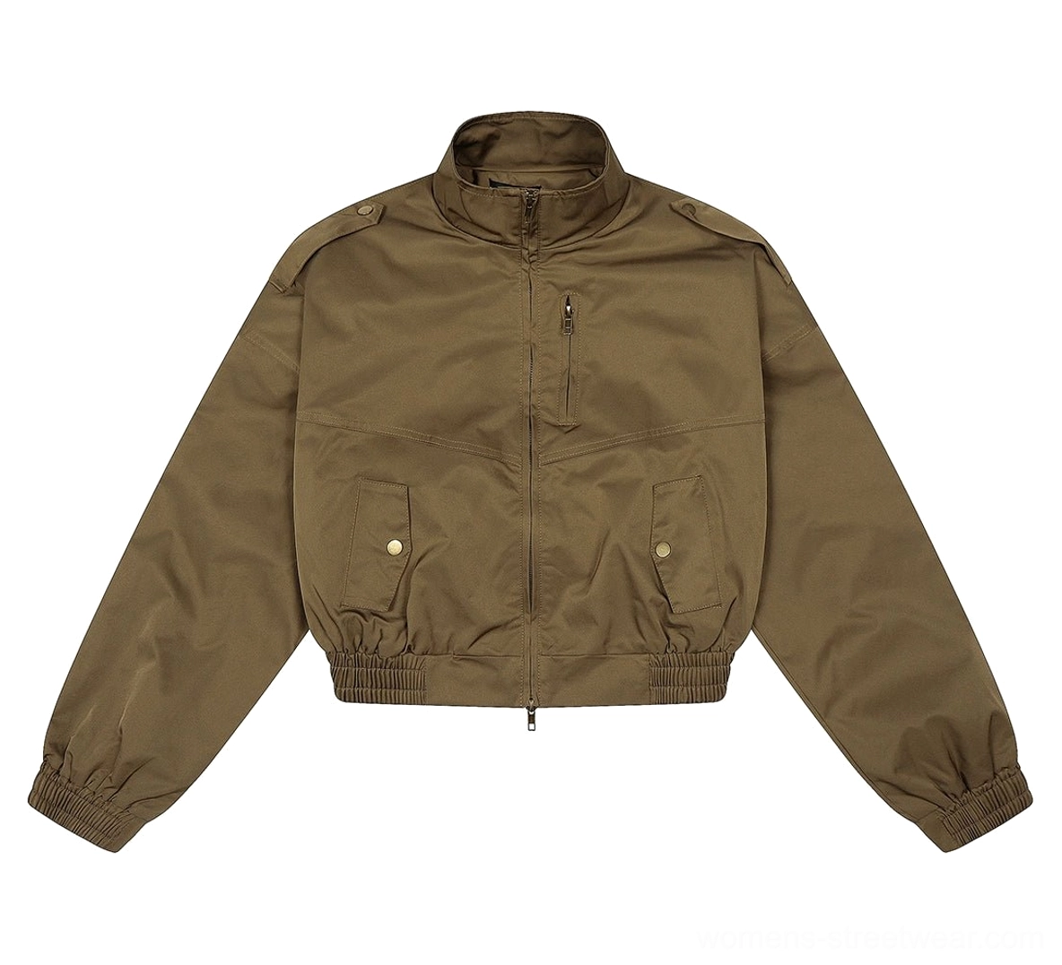 Olive green high collar utility jacket with cropped length, oversized sleeves, and versatile Korean street fashion appeal