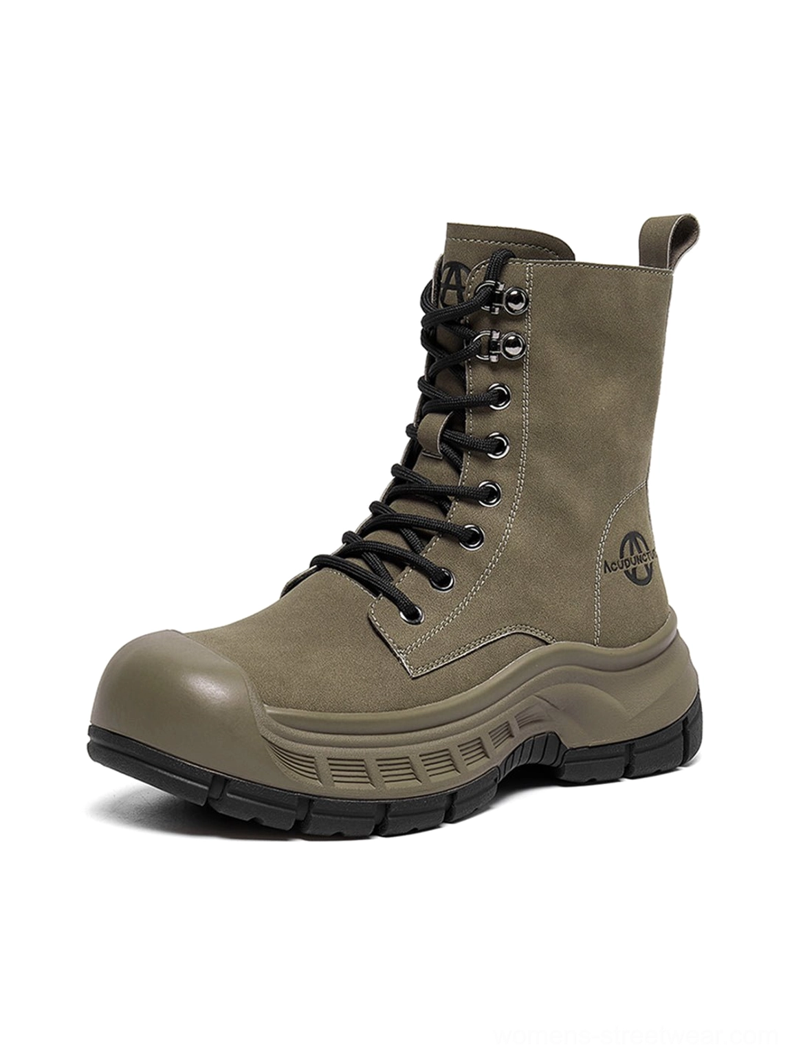 Olive green reinforced toe platform combat boots detailed streetwear footwear view