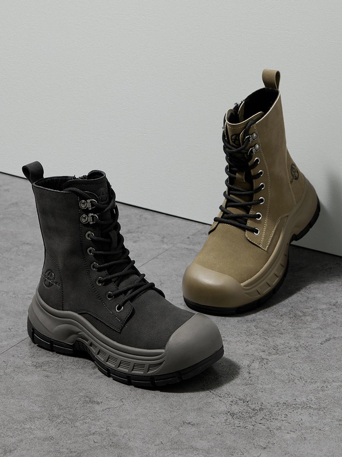 Olive green reinforced toe platform combat boots final studio product angle