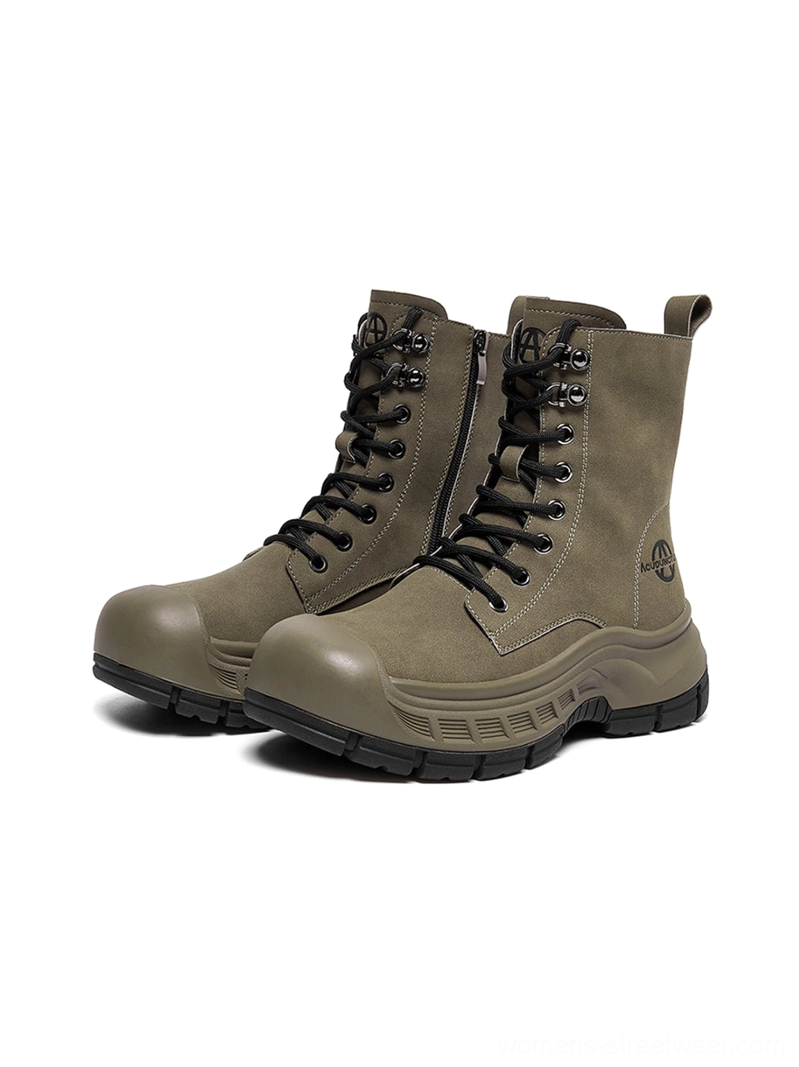 Olive green platform combat boots front three-quarter view featuring reinforced toe caps and black laces