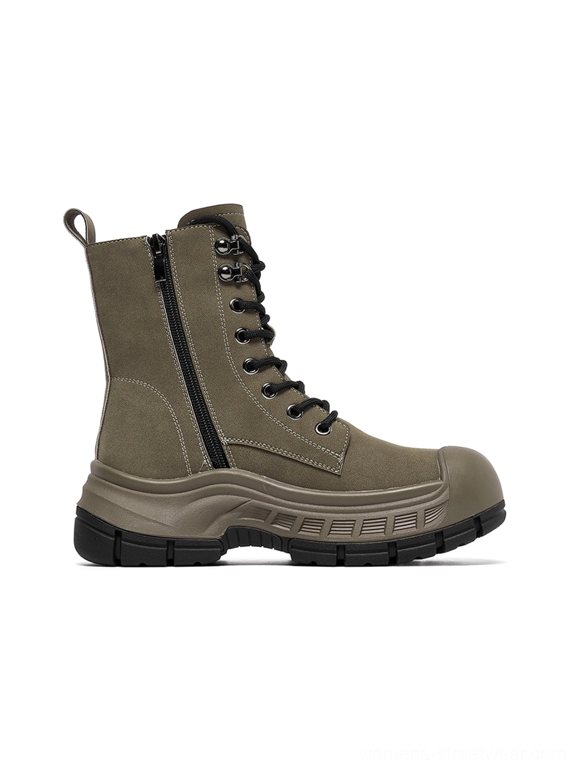 Olive green platform combat boots with lace-up shaft and chunky black rubber sole