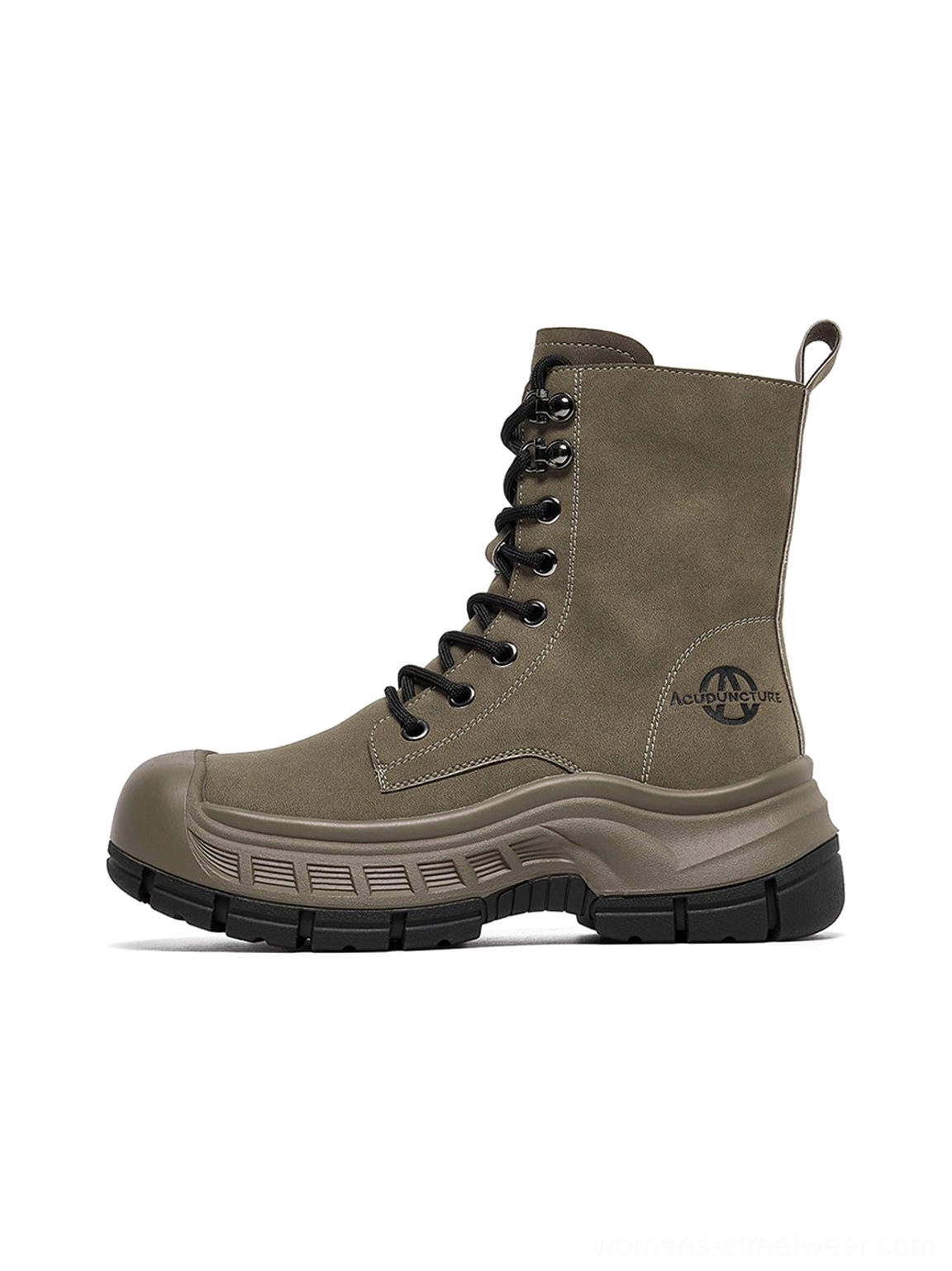 Olive green reinforced toe platform combat boots in left side three-quarter studio view