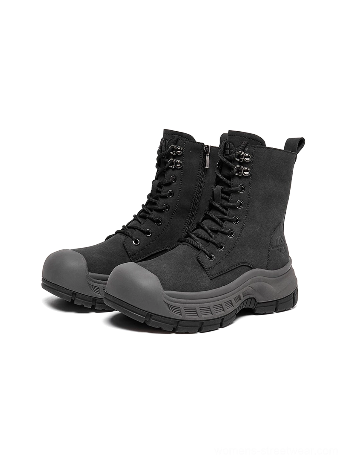 Olive green platform combat boots side construction and zipper detail