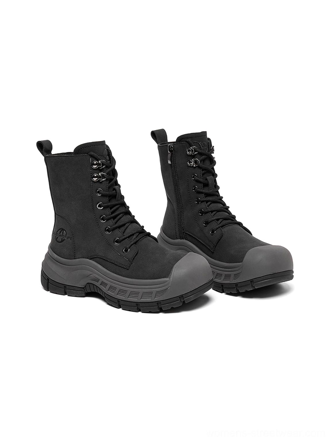 Olive green reinforced toe platform combat boots technical utility design detail