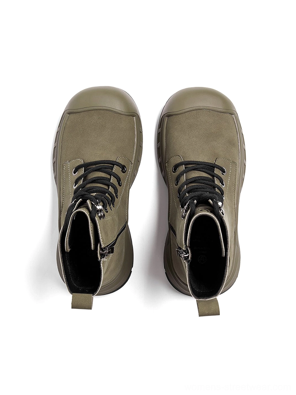 Top view of olive green platform combat boots displaying side zippers lace eyelets and collar pull tabs