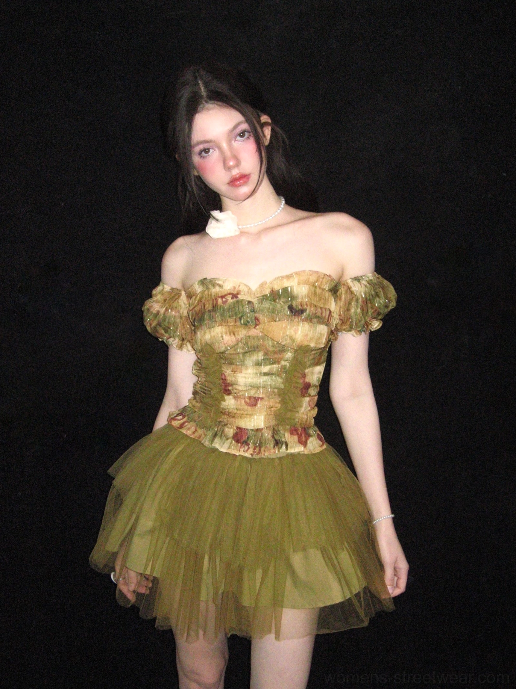 Olive green rose print streetwear tulle two-piece outfit with ruched corset top and mini skirt