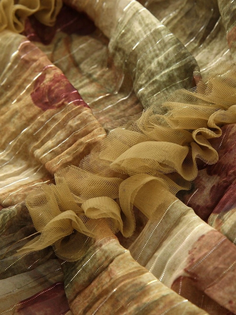 Olive green rose print tube-top and layered tulle mini skirt set for Y2K fashion styling