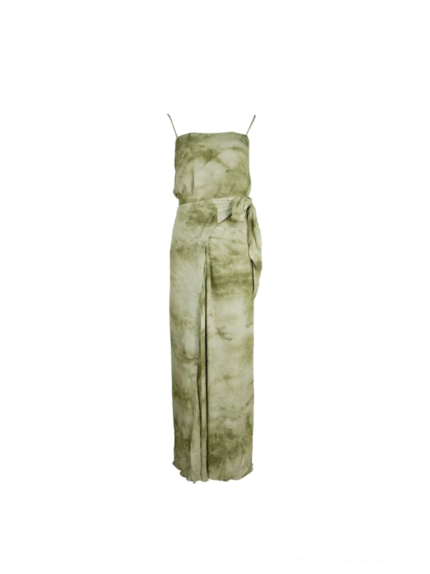 Olive Green tie-dye spaghetti strap maxi dress displayed on a white background with square neckline, detachable wrap sash, draped side skirt, and floor-length cut