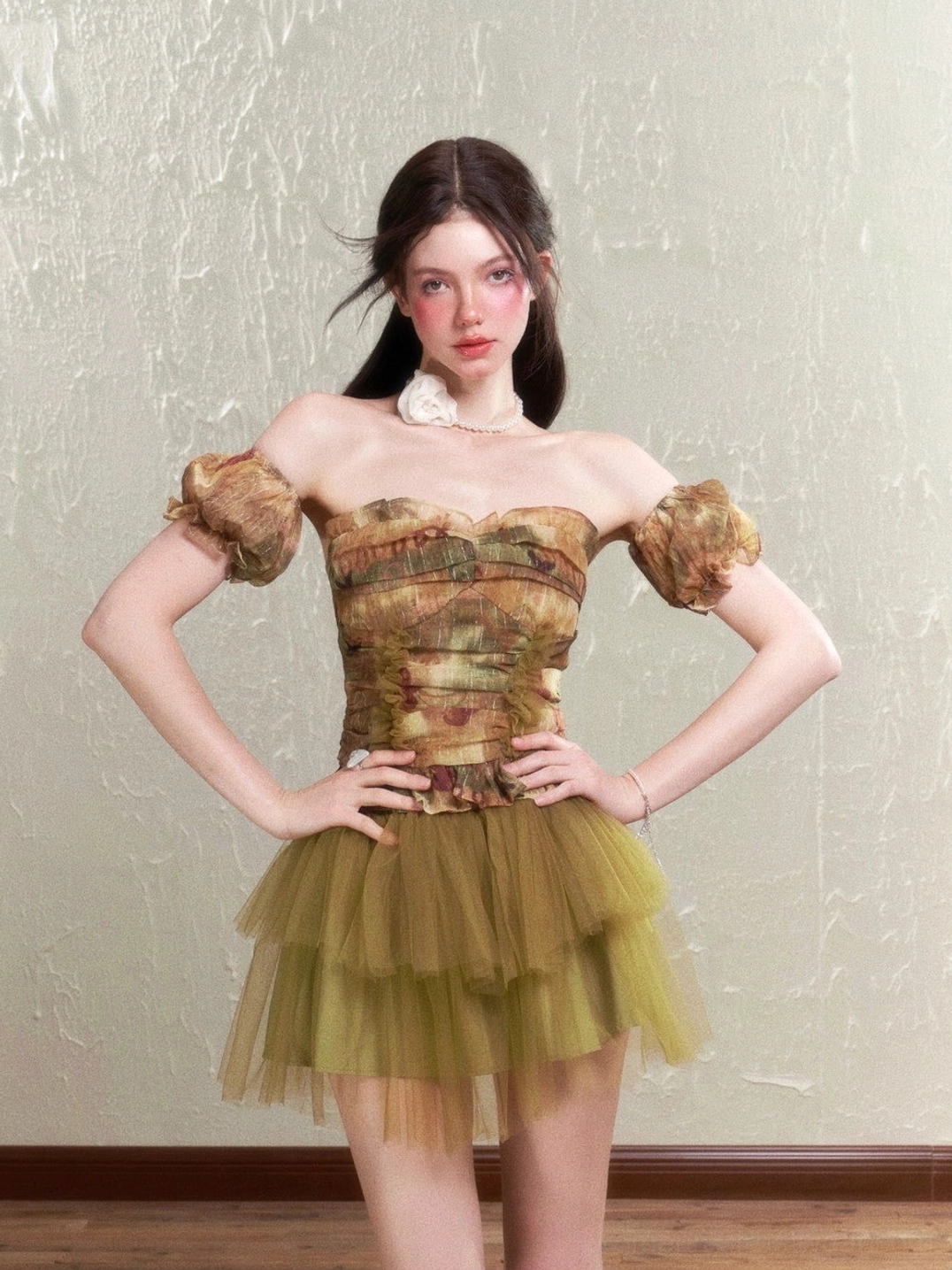 Olive green vintage floral tulle top and mini skirt set with layered skirt styling