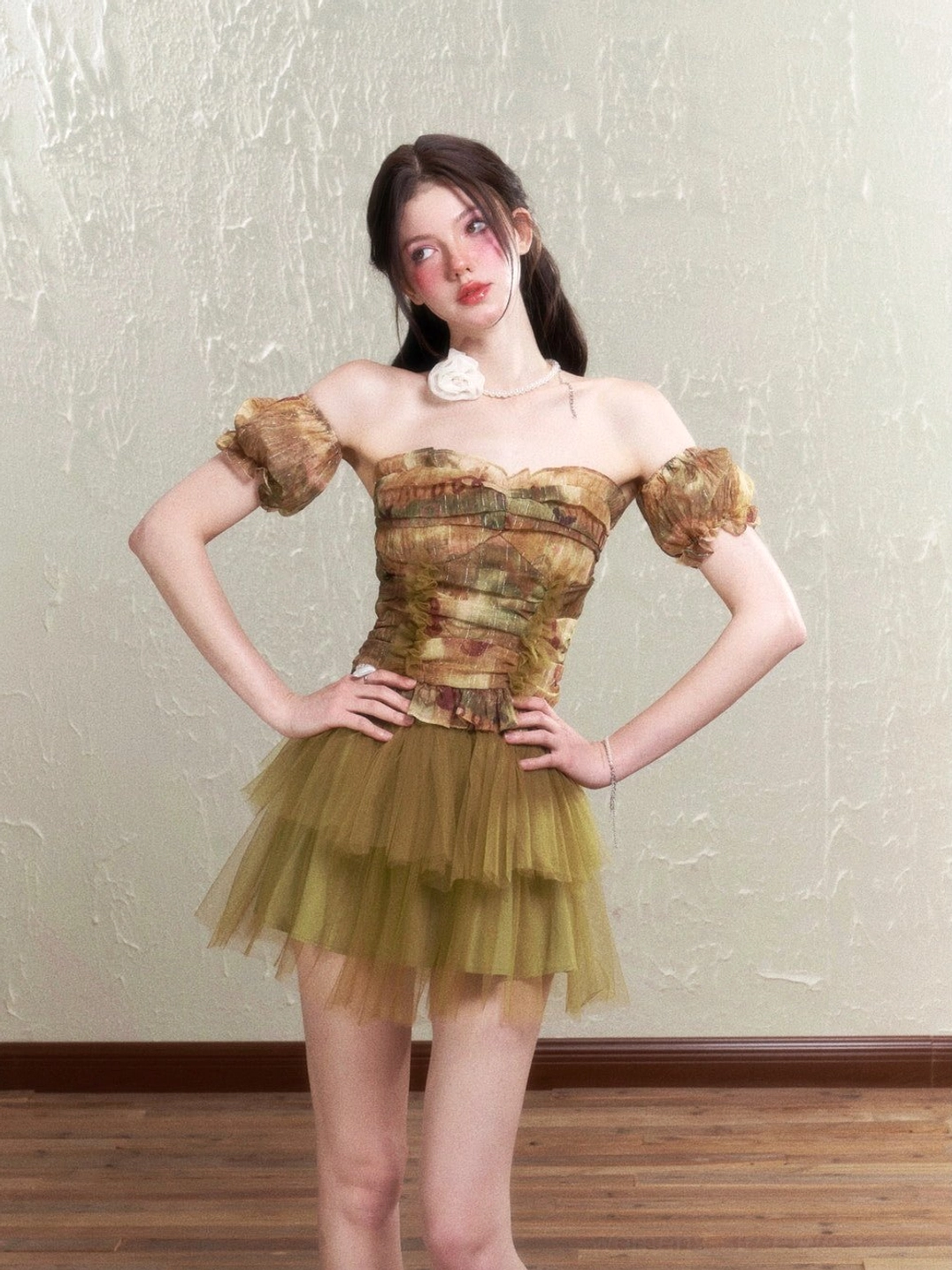 Olive green vintage rose tulle two-piece outfit with ruffled puff sleeves and ruched corset top front view