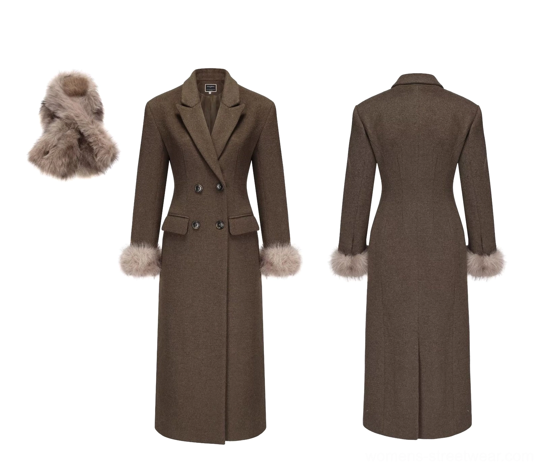 Olive green women's faux fur cuff wool blend maxi coat front and back flat lay with matching faux fur wrap scarf and double-breasted closure