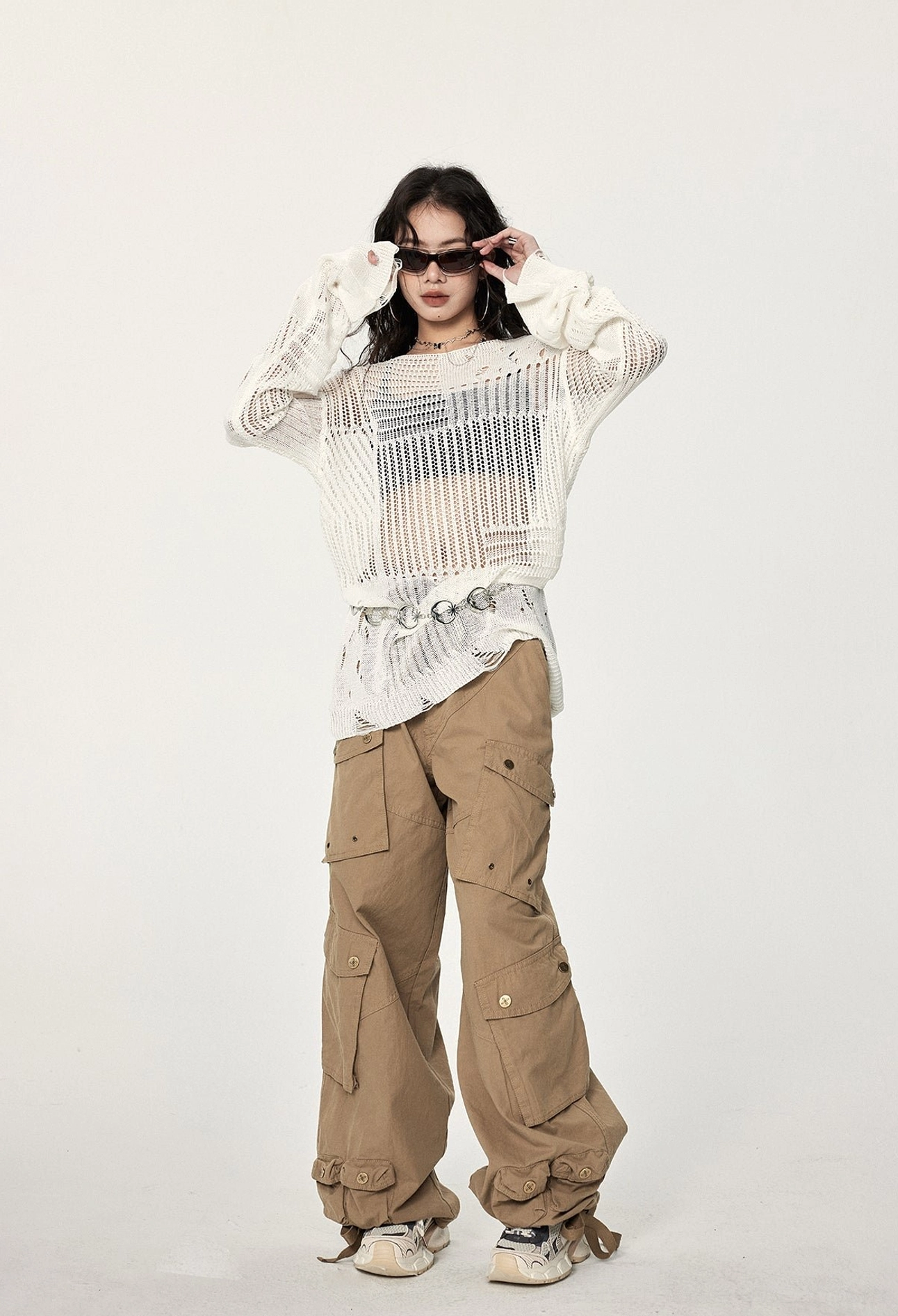 One size off-white distressed hollow-out crochet sweater designed for layered outfits, cargo pants, Korean street style, and urban fashion looks