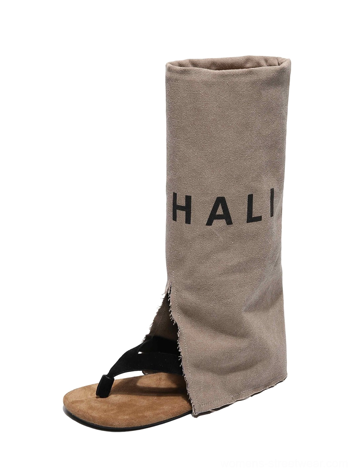 Open-toe khaki western sandal boots with relaxed shaft and graphic lettering for avant-garde summer streetwear outfits