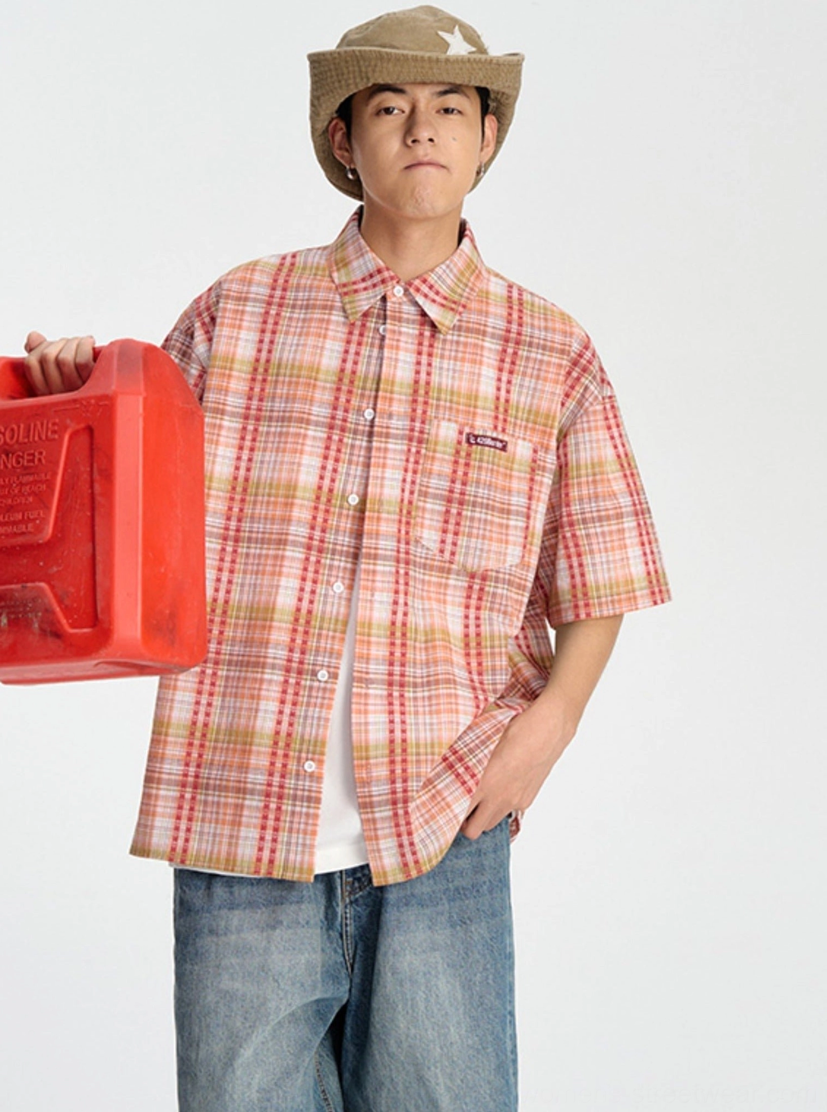 Orange embroidered plaid short sleeve shirt product image for relaxed Korean streetwear and summer casual styling