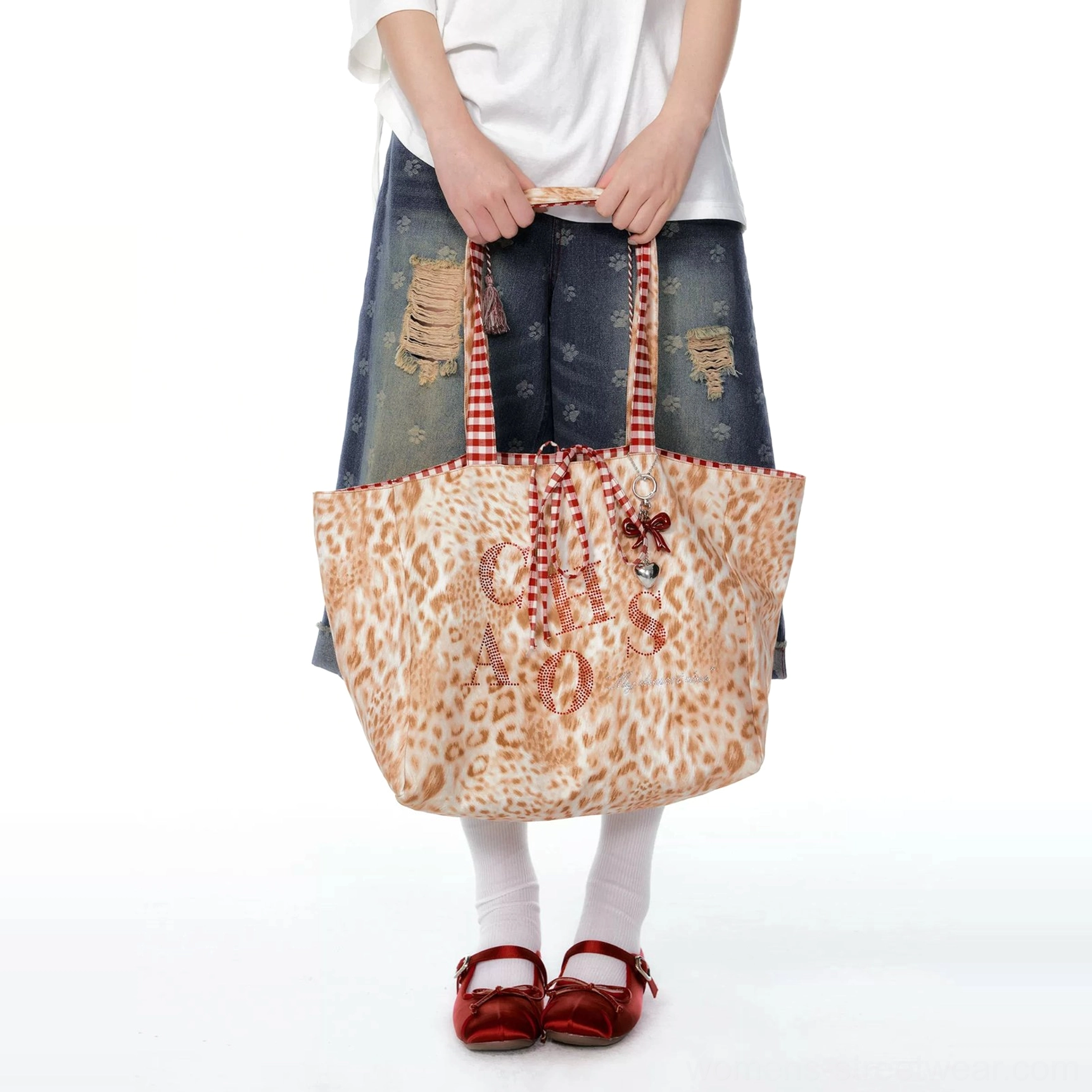 Orange leopard oversized quilted tote bag with red gingham straps cats lettering rhinestone bow and plush bone charm